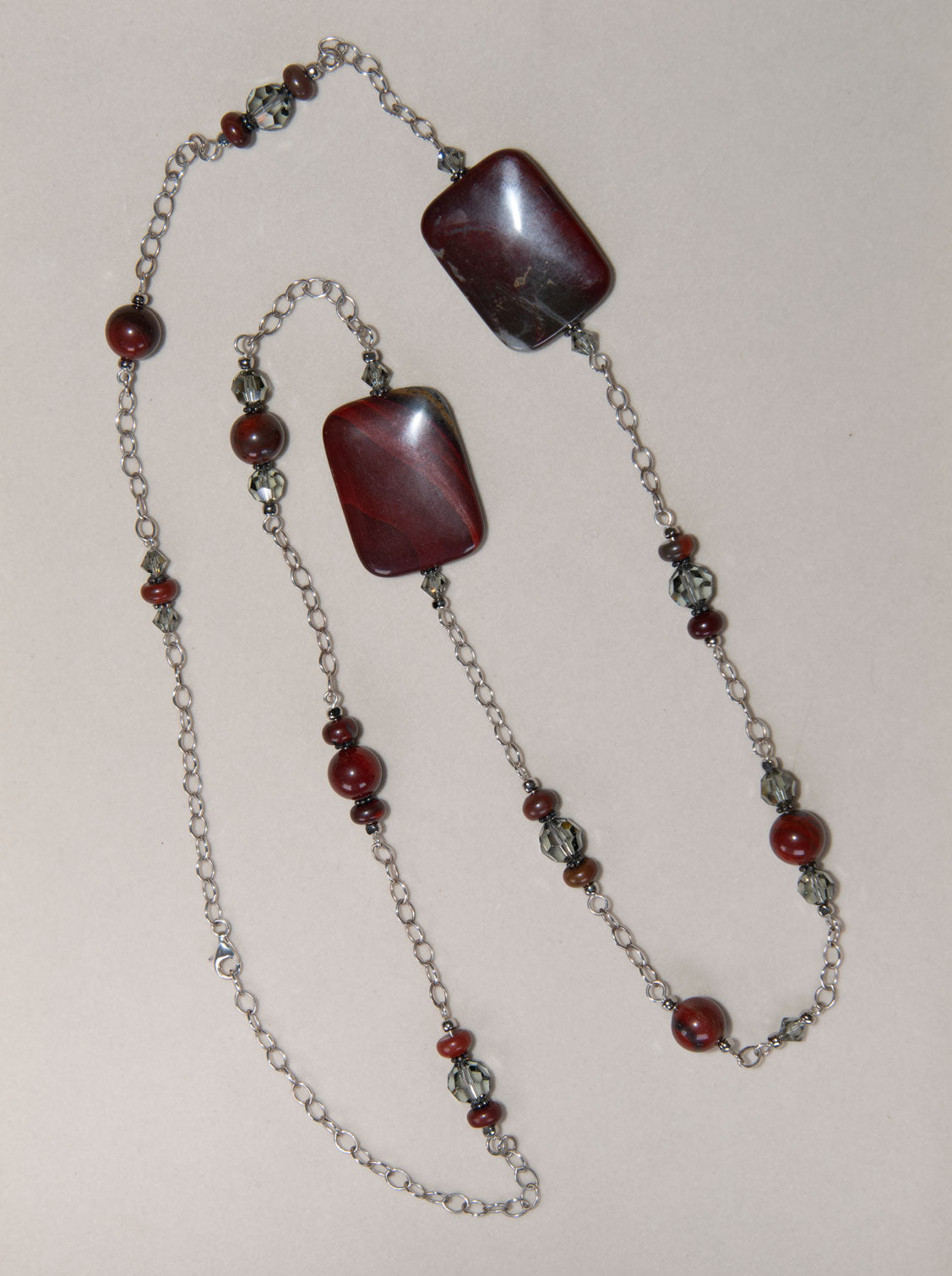 Dark Red Apple Jasper Swarovski Crystal Sterling Silver Necklace