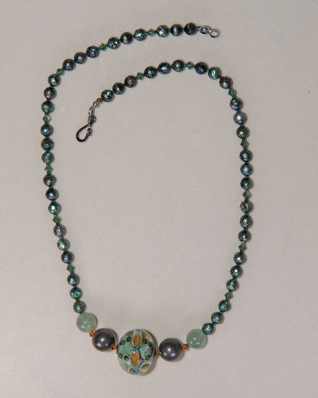 Green Freshwater Pearl Lampwork Swarovski Crystal Necklace