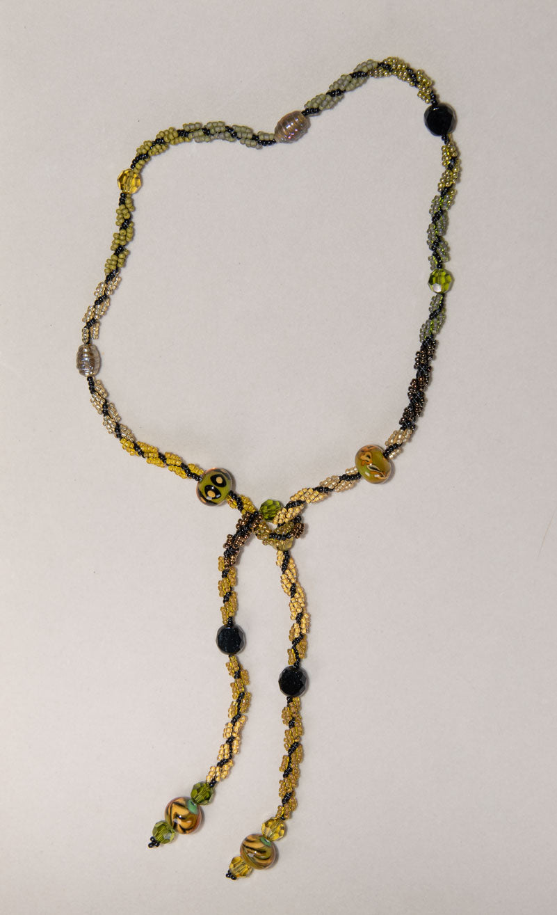 Green Yellow Black Lampwork Beaded Rope Necklace