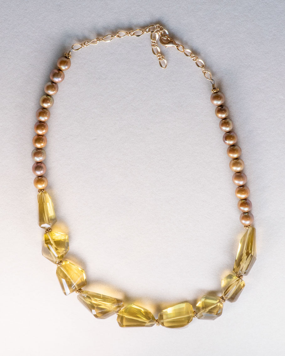 Lemon Citrine Freshwater Pearl Gold Tone Necklace