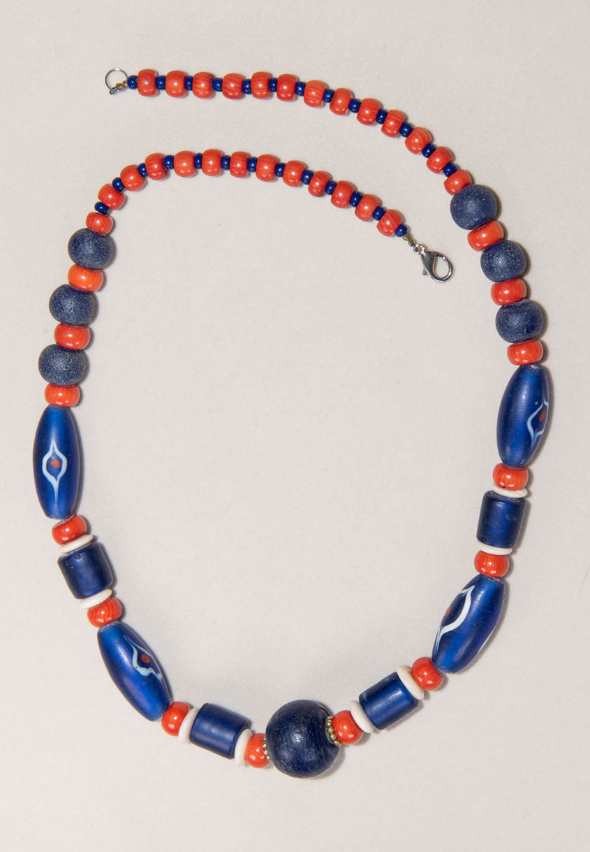 African Glass Trade Bead Coral Necklace