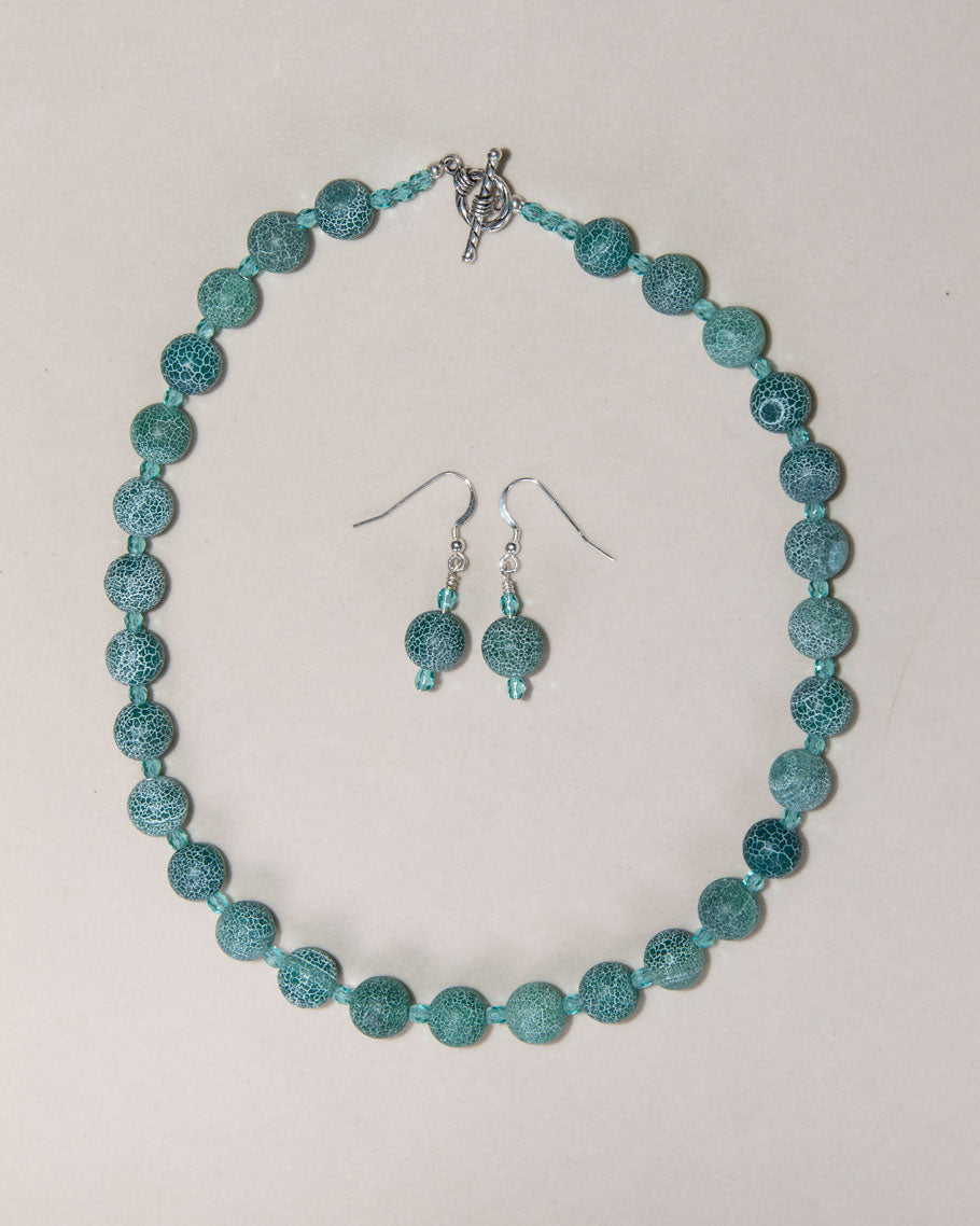 Green Crackle Agate Czech Crystal Sterling Silver Earrings