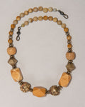 Carved Yellow Jade Brass Gold Tone Necklace