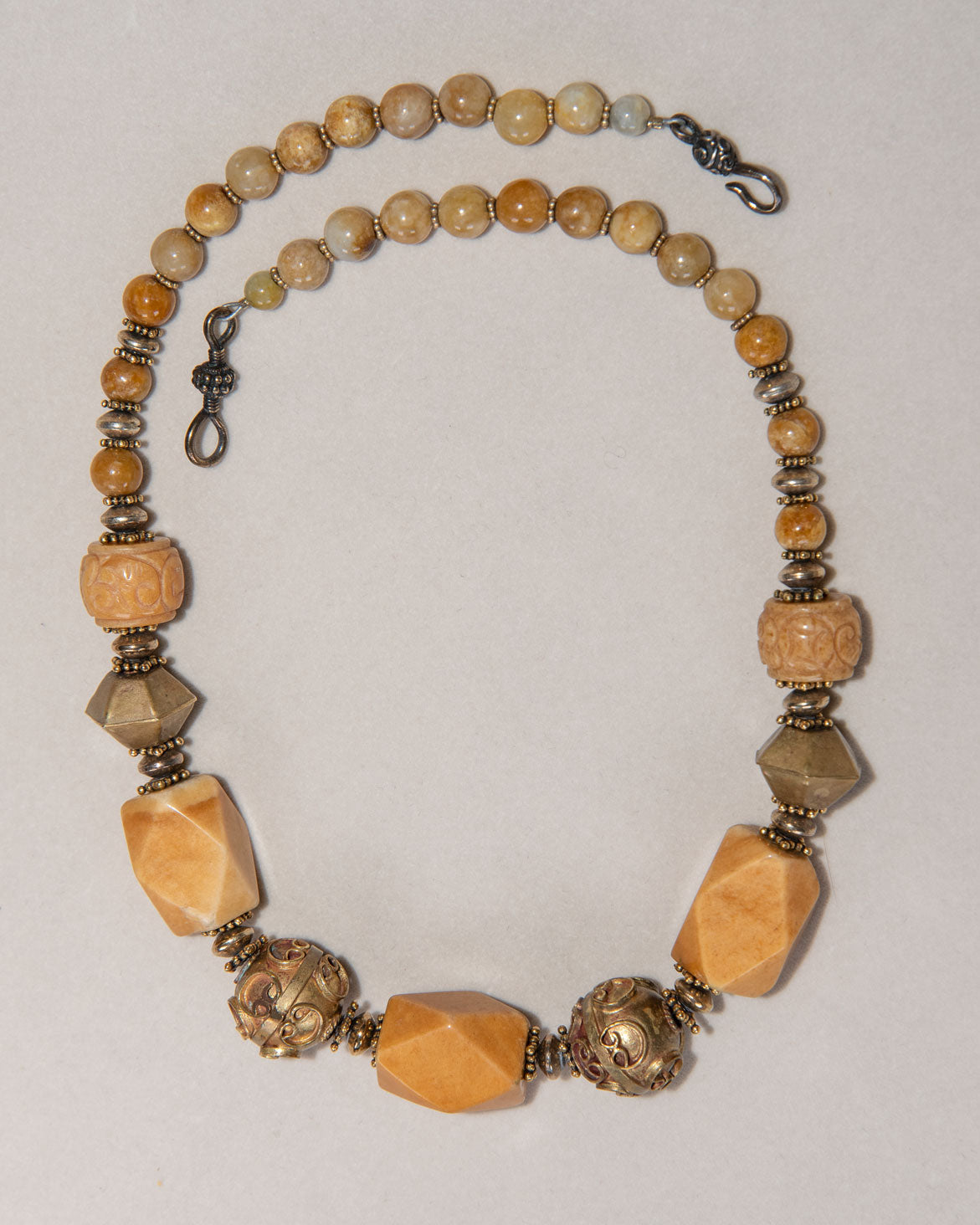 Carved Yellow Jade Brass Gold Tone Necklace