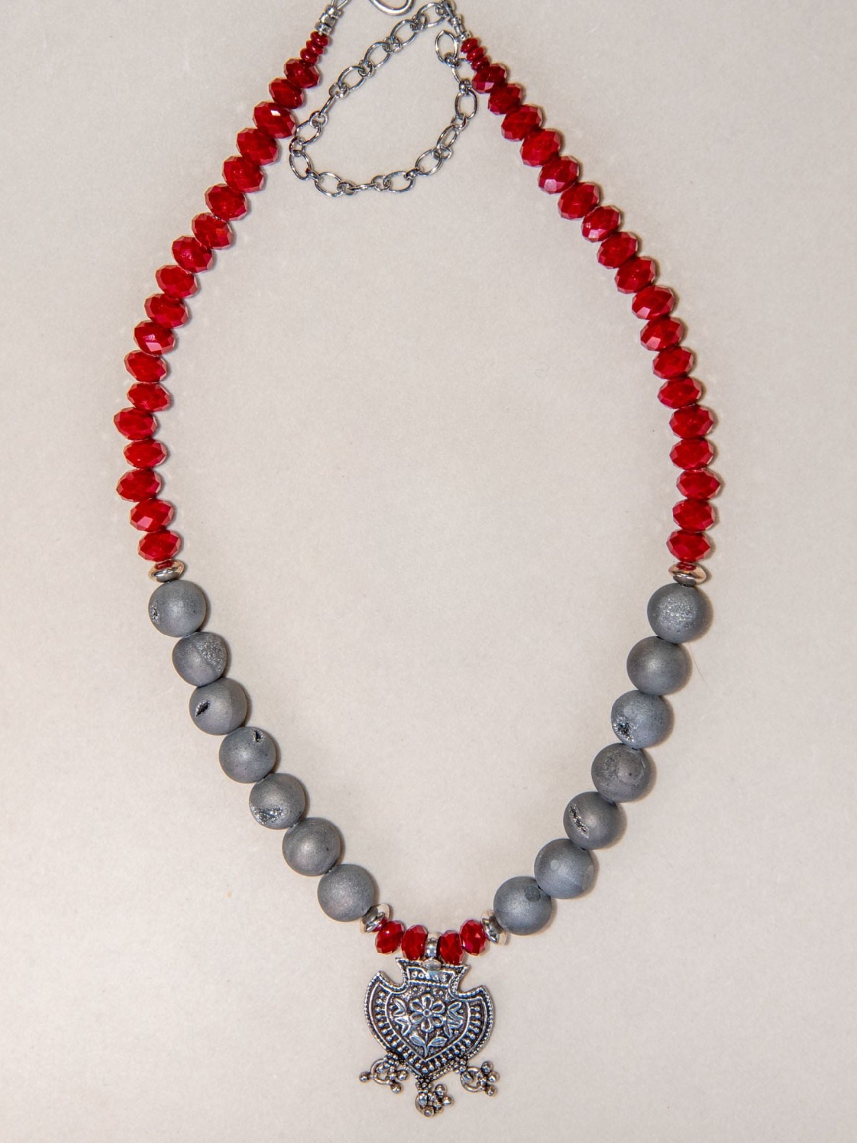 Gray Druzy Dark Red Crystal Sterling Silver Pendant Necklace