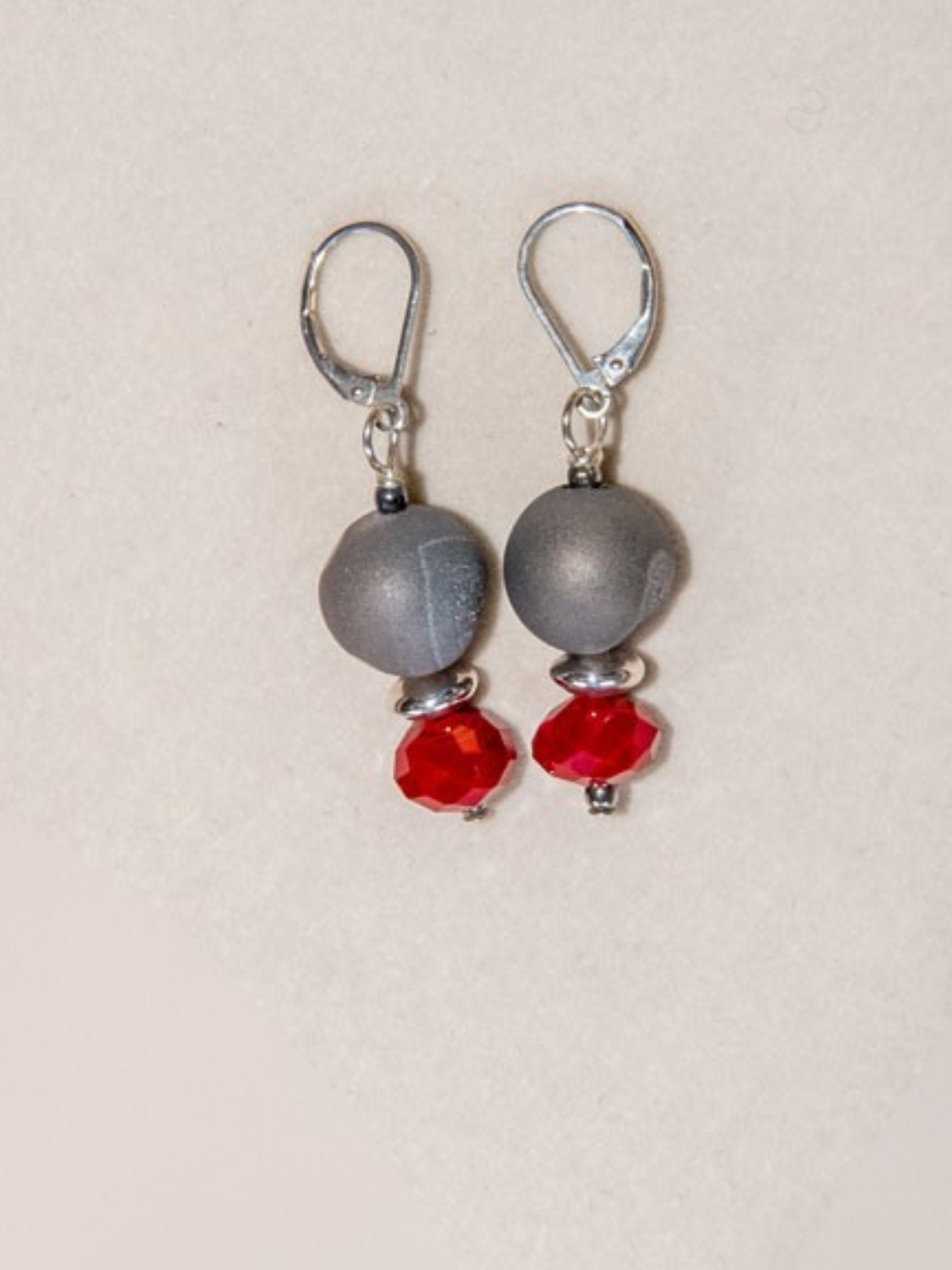 Gray Druzy Dark Red Crystal Sterling Silver Matching Earrings